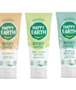 3 producten in travel size om mee te badderen en te smeren. Zo ontdek je wat Happy Earth voor de babyhuid doet.